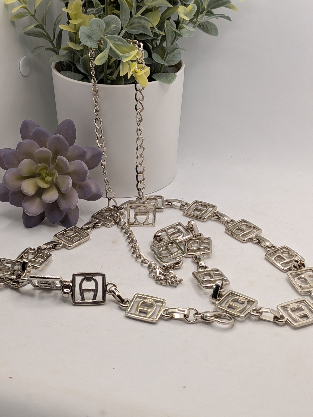 Etienne Aigner Silver Linked Chain Square Logo Belt